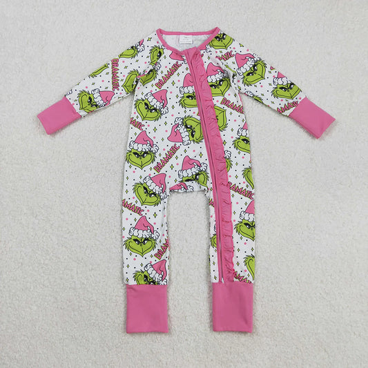 Baby Girls Green Faces Stars Ruffle Zipper Christmas Rompers