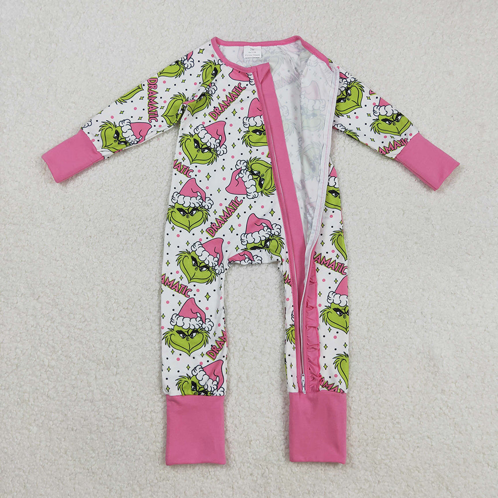 LR2495 Green Frog Smiling Print Baby Girls Christmas Zipper Sleeper Romper