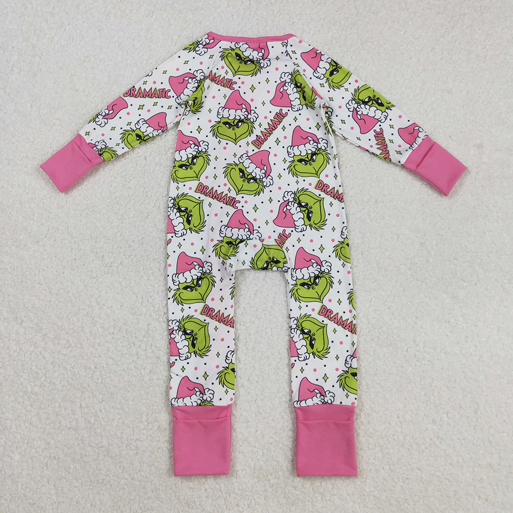 LR2495 Green Frog Smiling Print Baby Girls Christmas Zipper Sleeper Romper