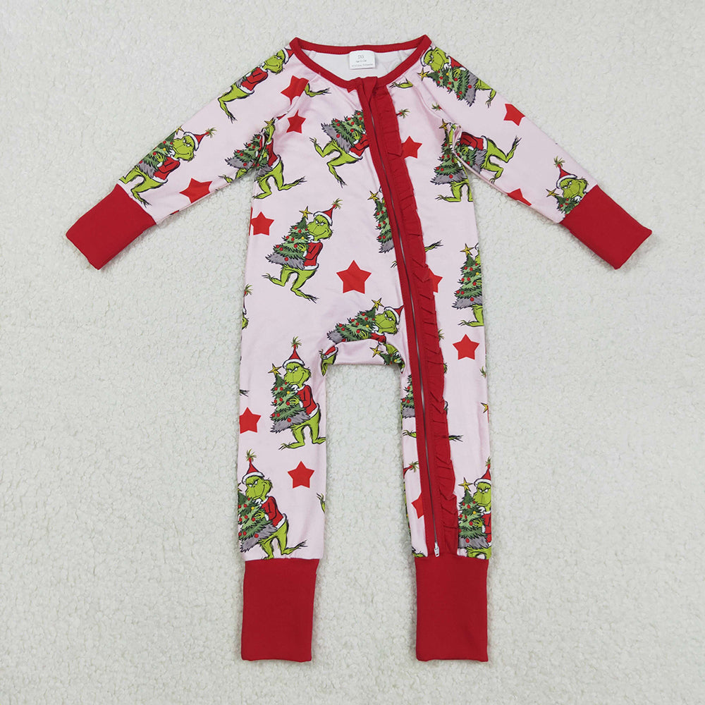 LR2496 Green Frog Tree Stars Print Baby Girls Christmas Zipper Sleeper Romper