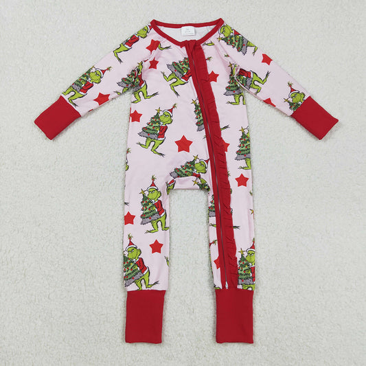 LR2496 Green Frog Tree Stars Print Baby Girls Christmas Zipper Sleeper Romper