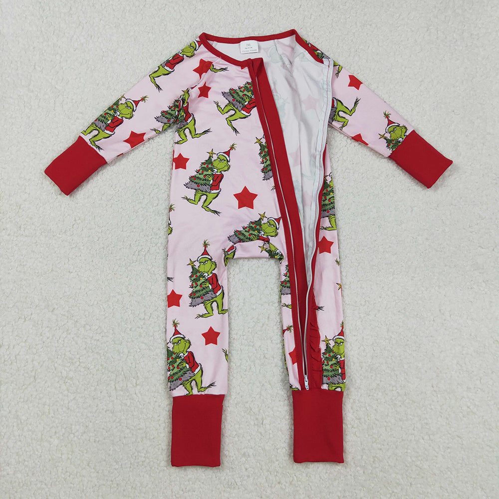 LR2496 Green Frog Tree Stars Print Baby Girls Christmas Zipper Sleeper Romper