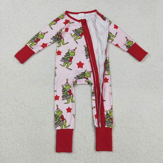 LR2496 Green Frog Tree Stars Print Baby Girls Christmas Zipper Sleeper Romper