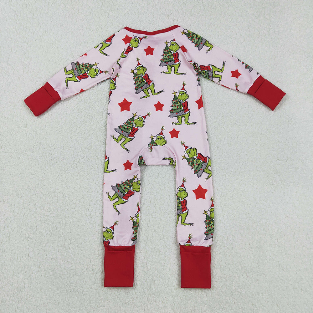 LR2496 Green Frog Tree Stars Print Baby Girls Christmas Zipper Sleeper Romper