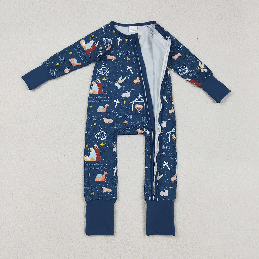 LR2504 Nativity Navy Print Baby Christmas Zipper Sleeper Romper