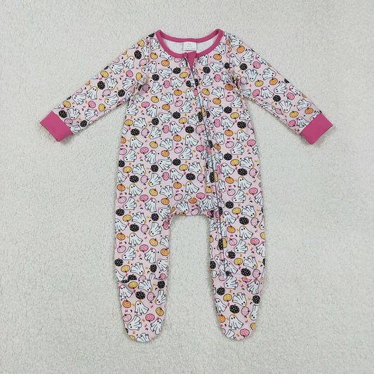 LR2506  Pumpkin Ghost Print Baby Girls Halloween Zipper Sleeper Romper