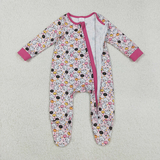 LR2506  Pumpkin Ghost Print Baby Girls Halloween Zipper Sleeper Romper