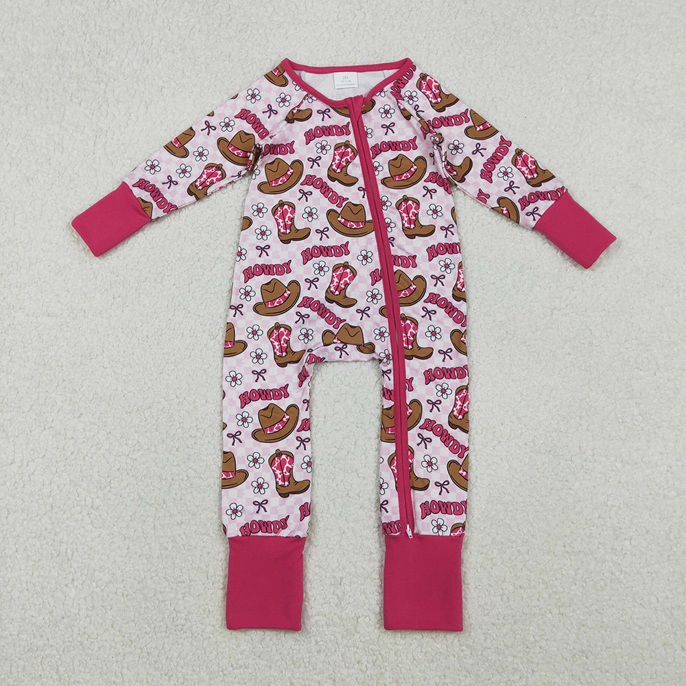 LR2516 Howdy Boots Hat Plaid Print Baby Girls Long Sleeve Zipper Sleeper Summer