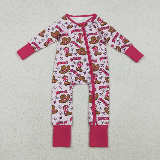 LR2516 Howdy Boots Hat Plaid Print Baby Girls Long Sleeve Zipper Sleeper Summer