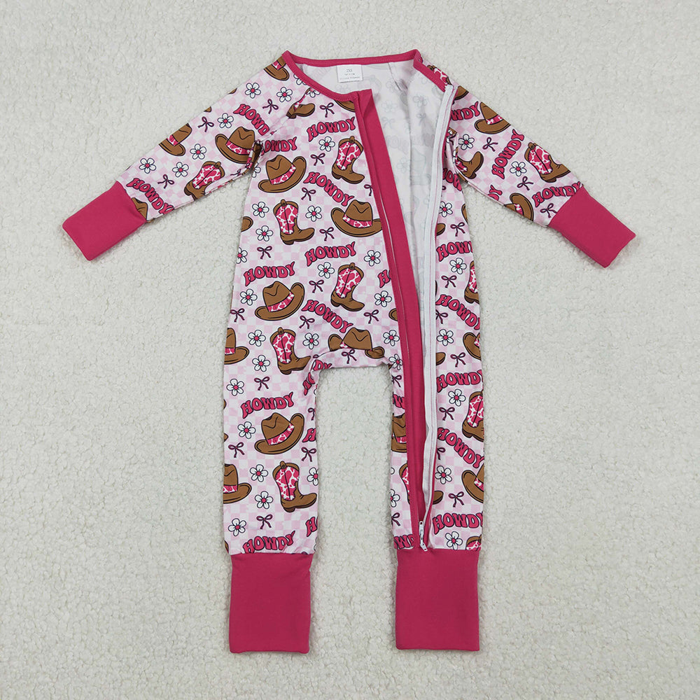 LR2516 Howdy Boots Hat Plaid Print Baby Girls Long Sleeve Zipper Sleeper Summer