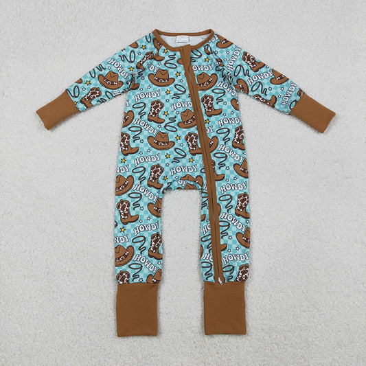 LR2517 Howdy Boots Hat Plaid Print Baby Boys Long Sleeve Zipper Sleeper Summer