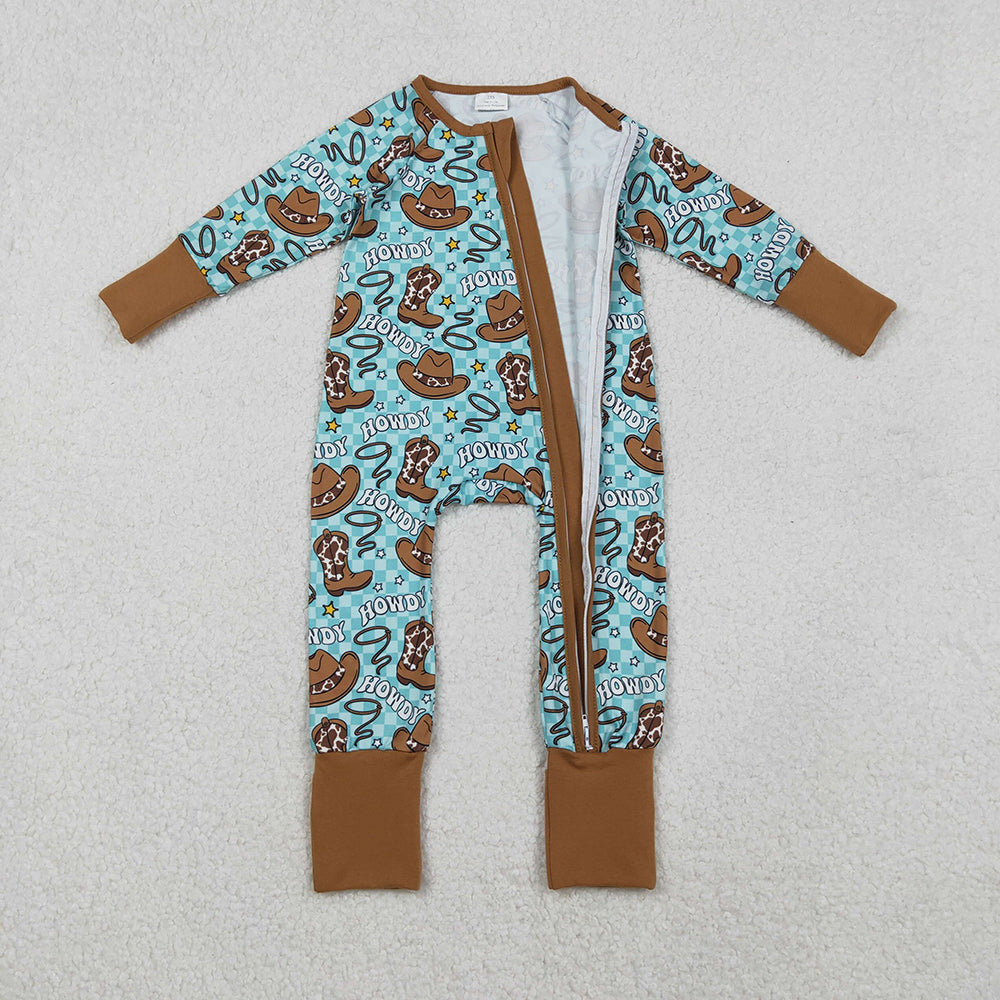 LR2517 Howdy Boots Hat Plaid Print Baby Boys Long Sleeve Zipper Sleeper Summer