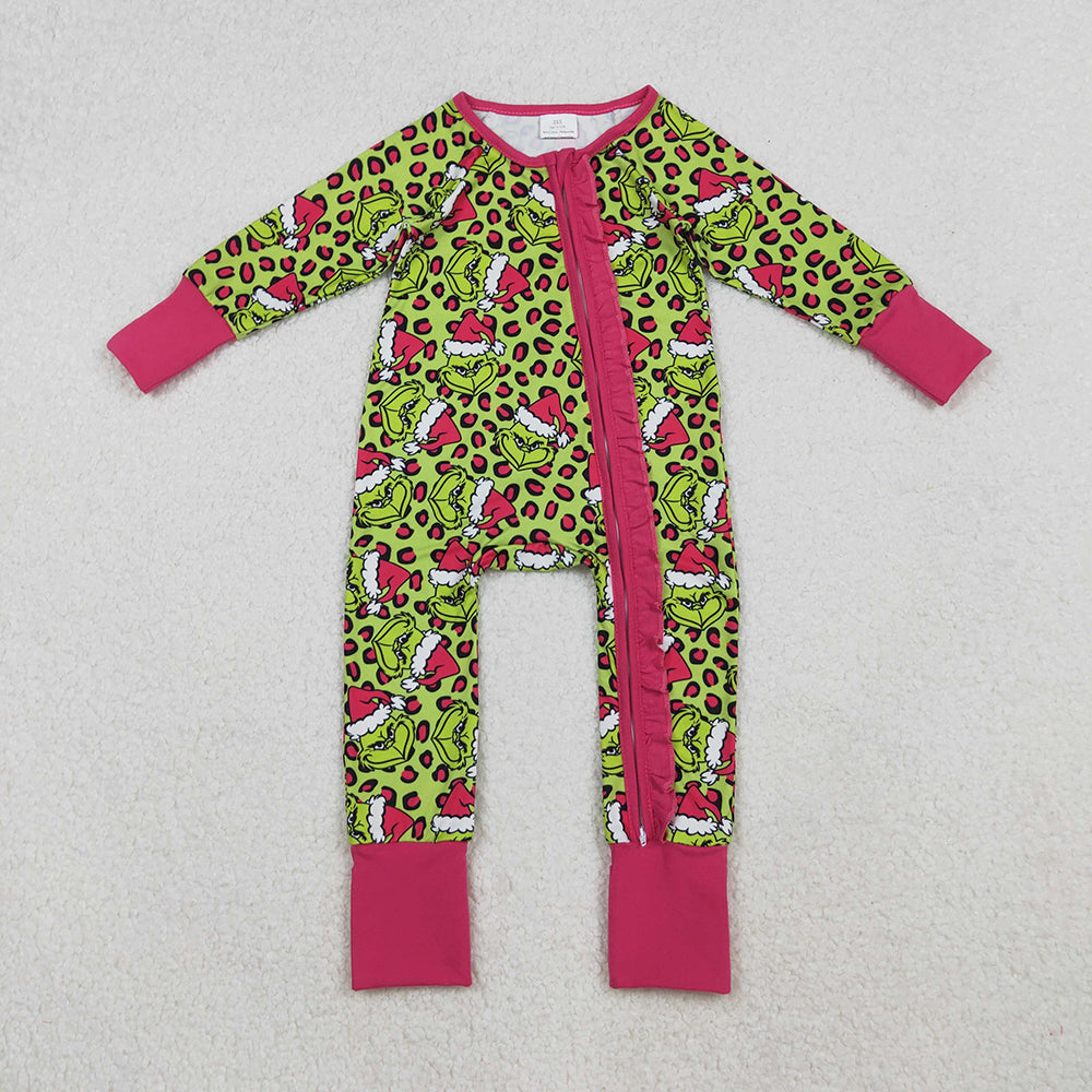 LR2520 Green Frog Smiling Leopard Print Baby Girls Christmas Zipper Sleeper Romper