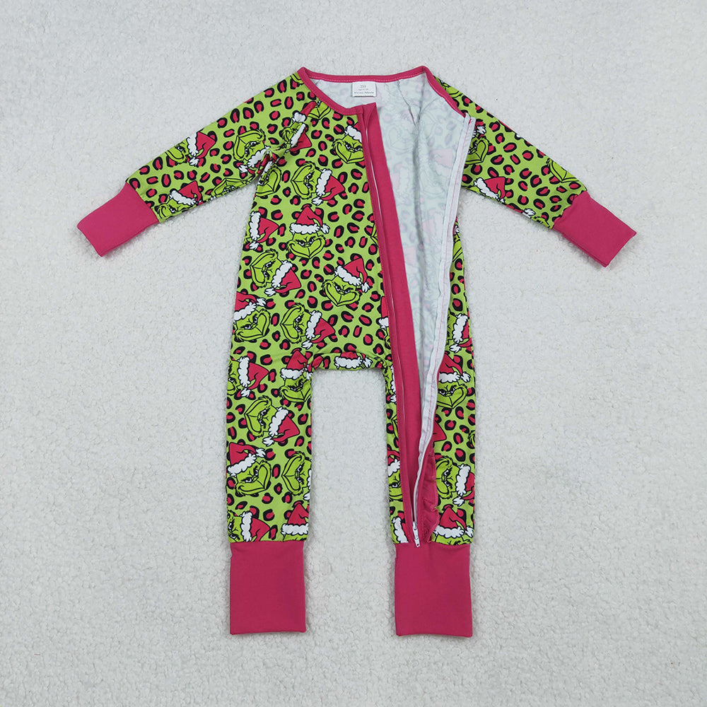 LR2520 Green Frog Smiling Leopard Print Baby Girls Christmas Zipper Sleeper Romper