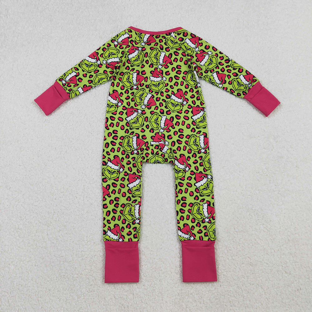 LR2520 Green Frog Smiling Leopard Print Baby Girls Christmas Zipper Sleeper Romper