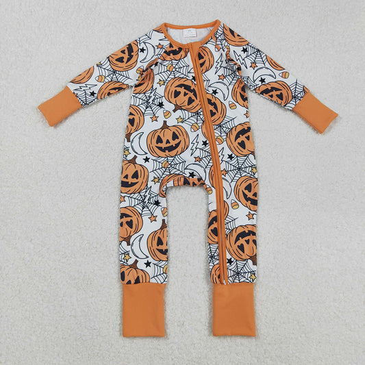 LR2528  Pumpkin Smiling Web Candy Print Baby Halloween Zipper Sleeper Romper