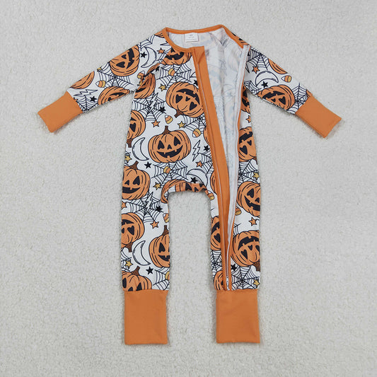 LR2528  Pumpkin Smiling Web Candy Print Baby Halloween Zipper Sleeper Romper