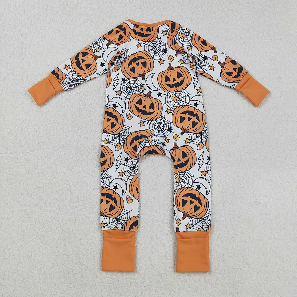 LR2528  Pumpkin Smiling Web Candy Print Baby Halloween Zipper Sleeper Romper