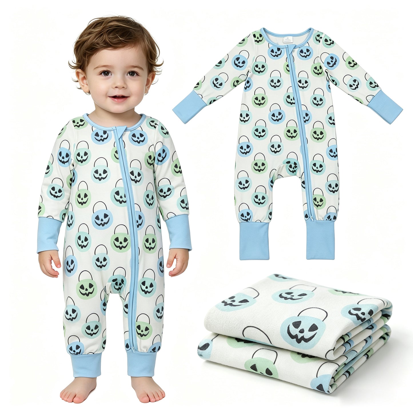 LR2534 Baby Boys Halloween Pumpkin Long Sleeve Zipper Sleeper Romper