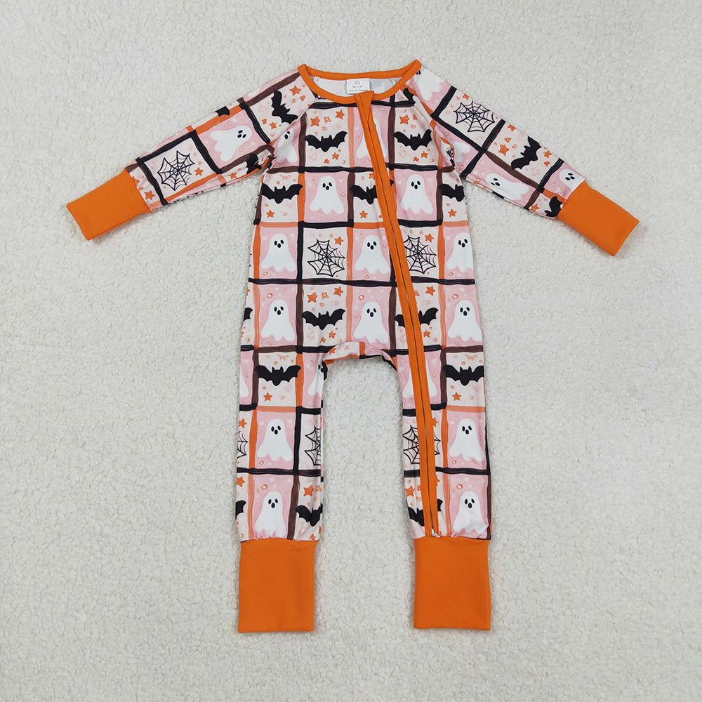 LR2539  Ghost Bat Web Print Baby Halloween Zipper Sleeper Romper