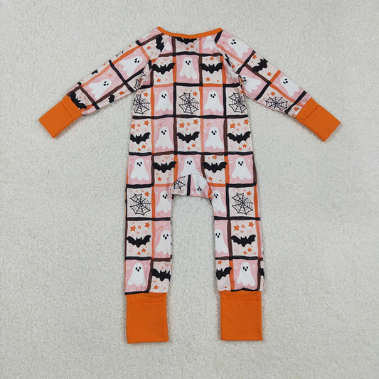 LR2539  Ghost Bat Web Print Baby Halloween Zipper Sleeper Romper
