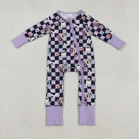 LR2541  Ghost Bat BOO Checkered Print Baby Girls Halloween Zipper Sleeper Romper