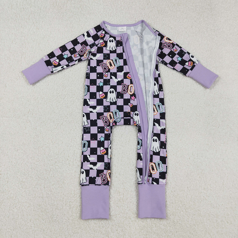 LR2541  Ghost Bat BOO Checkered Print Baby Girls Halloween Zipper Sleeper Romper