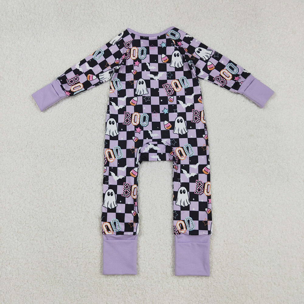 LR2541  Ghost Bat BOO Checkered Print Baby Girls Halloween Zipper Sleeper Romper