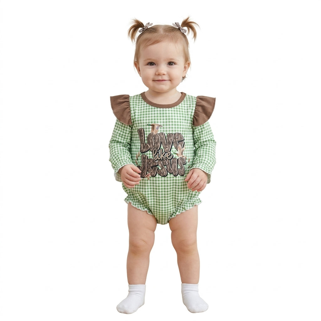 LR2551 LOVE LIKE JESUS Duck Checkered Print Baby Girls Romper
