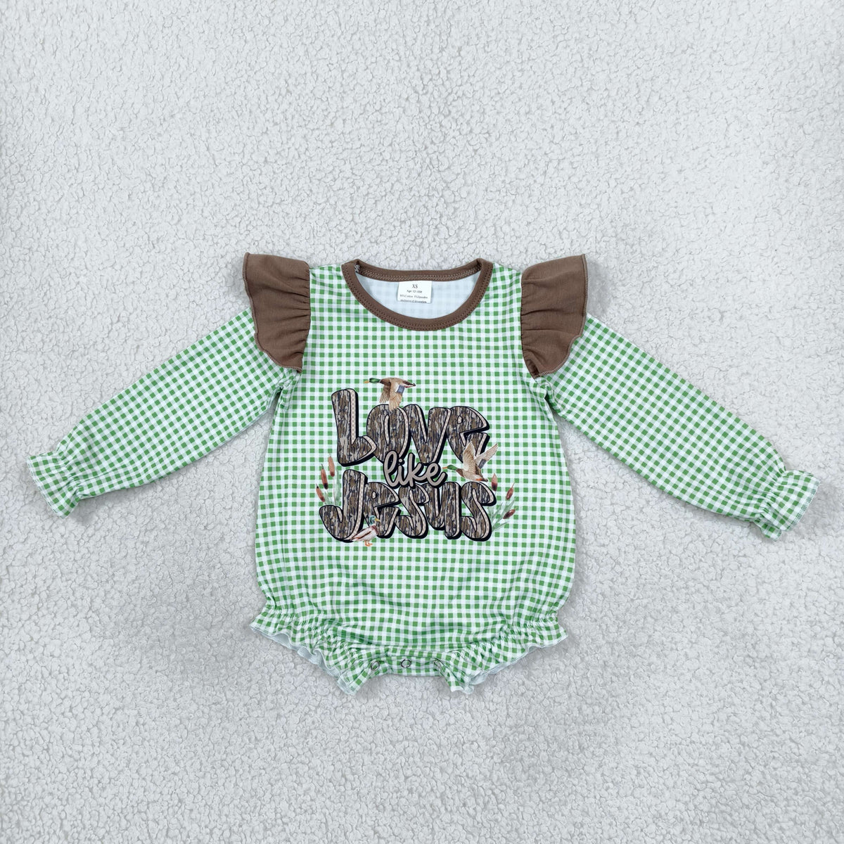 LR2551 LOVE LIKE JESUS Duck Checkered Print Baby Girls Romper