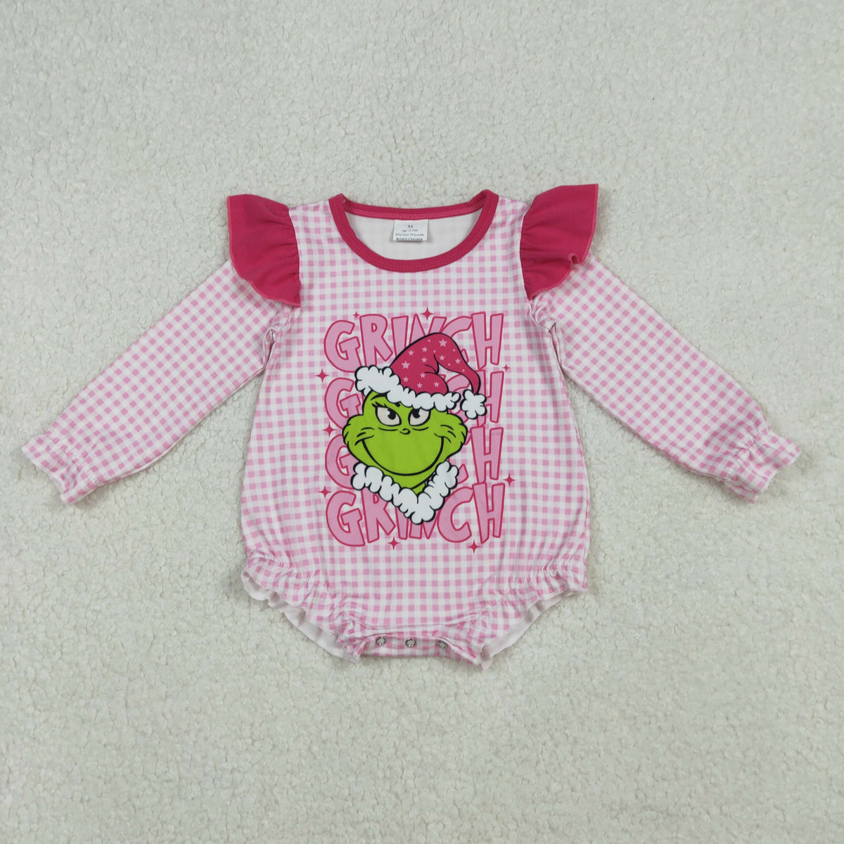 LR2554 Green Frog Checkered Pink Print Baby Girls Christmas Romper
