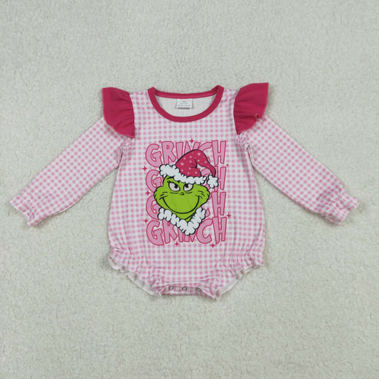 LR2554 Green Frog Checkered Pink Print Baby Girls Christmas Romper