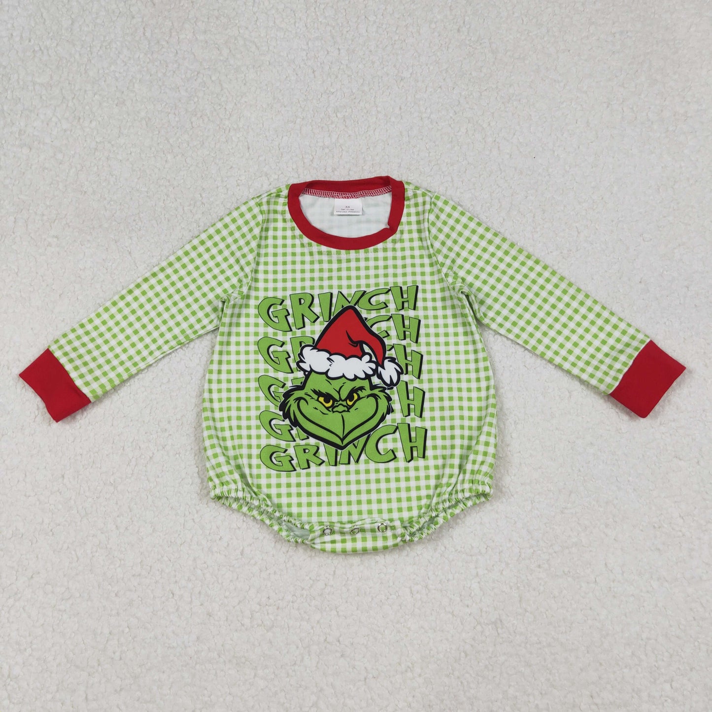 LR2555 Green Frog Checkered Print Baby Boys Christmas Romper