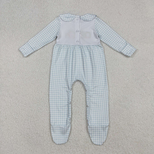 LR2560 Pumpkin Embroidery Blue Checkered Baby Boys Fall Doll Collar Romper