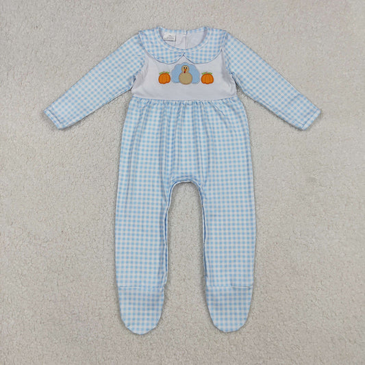 LR2561 Turkey Pumpkin Embroidery Blue Checkered Baby Boys Thanksgiving Doll Collar Romper