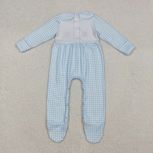 LR2561 Turkey Pumpkin Embroidery Blue Checkered Baby Boys Thanksgiving Doll Collar Romper
