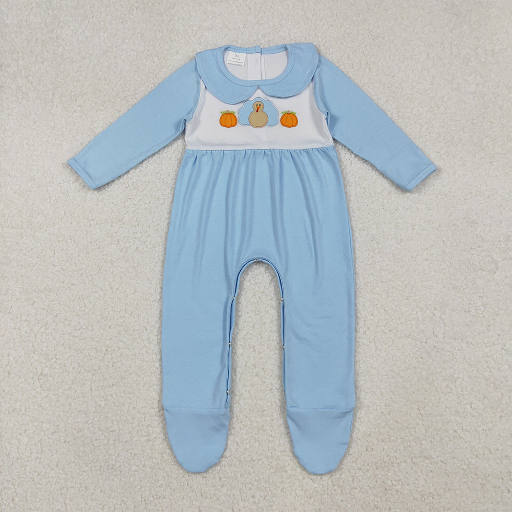 LR2562 Turkey Pumpkin Embroidery Blue Cotton Baby Boys Thanksgiving Doll Collar Romper