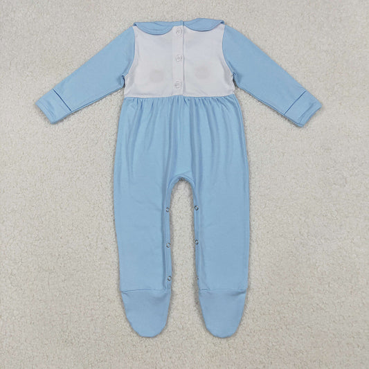 LR2562 Turkey Pumpkin Embroidery Blue Cotton Baby Boys Thanksgiving Doll Collar Romper
