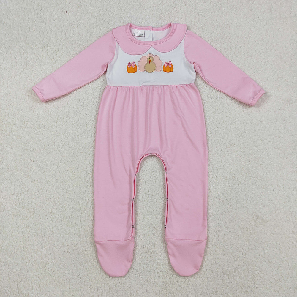 LR2563 Turkey Pumpkin Embroidery Pink Cotton Baby Girls Thanksgiving Doll Collar Romper