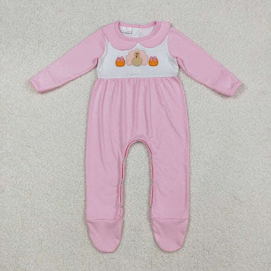LR2563 Turkey Pumpkin Embroidery Pink Cotton Baby Girls Thanksgiving Doll Collar Romper