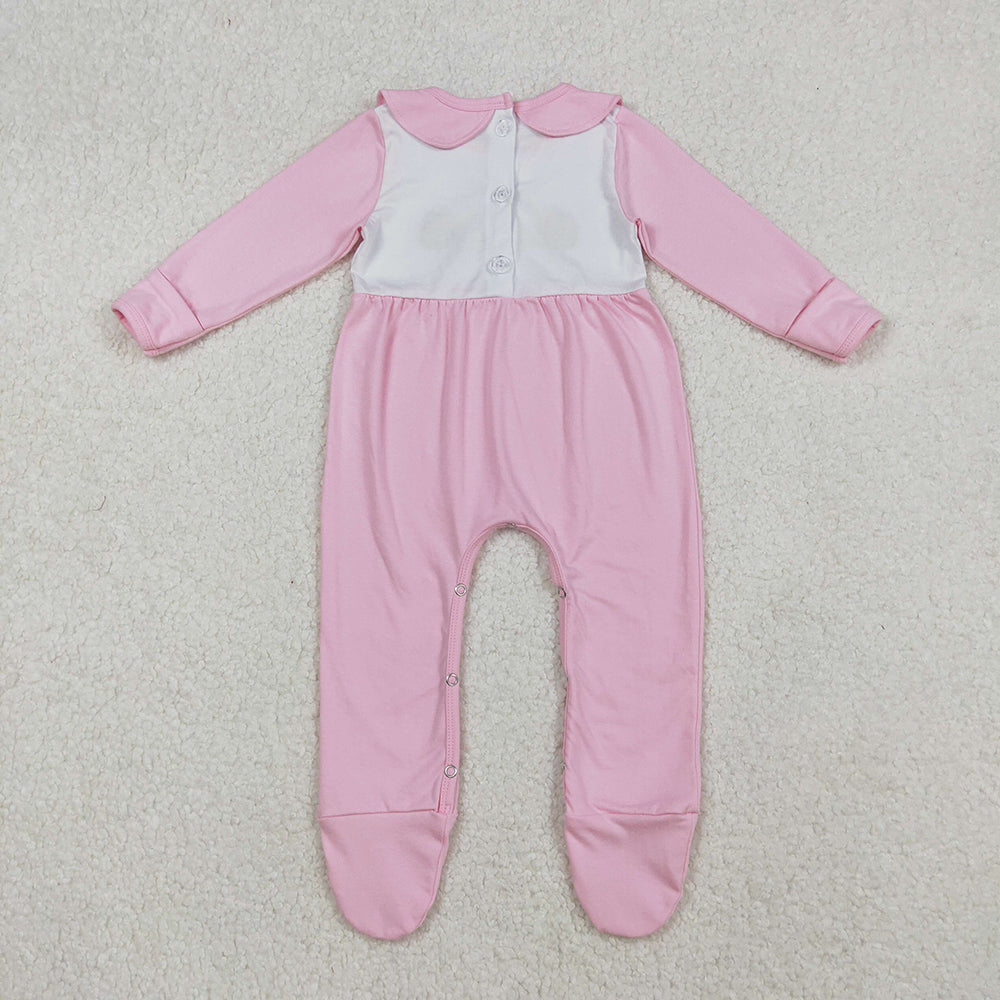 LR2563 Turkey Pumpkin Embroidery Pink Cotton Baby Girls Thanksgiving Doll Collar Romper