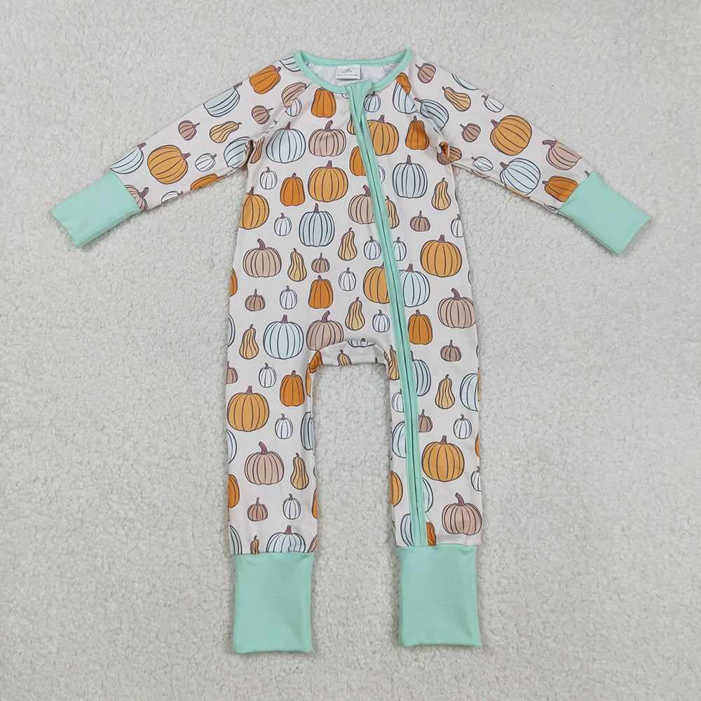 LR2565 Pumpkin Print Baby Boys Fall Zipper Sleeper Romper