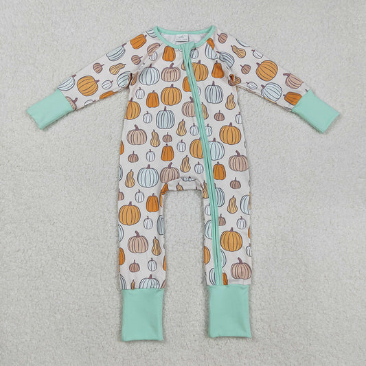 LR2565 Pumpkin Print Baby Boys Fall Zipper Sleeper Romper