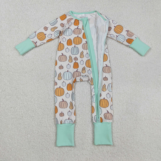 LR2565 Pumpkin Print Baby Boys Fall Zipper Sleeper Romper