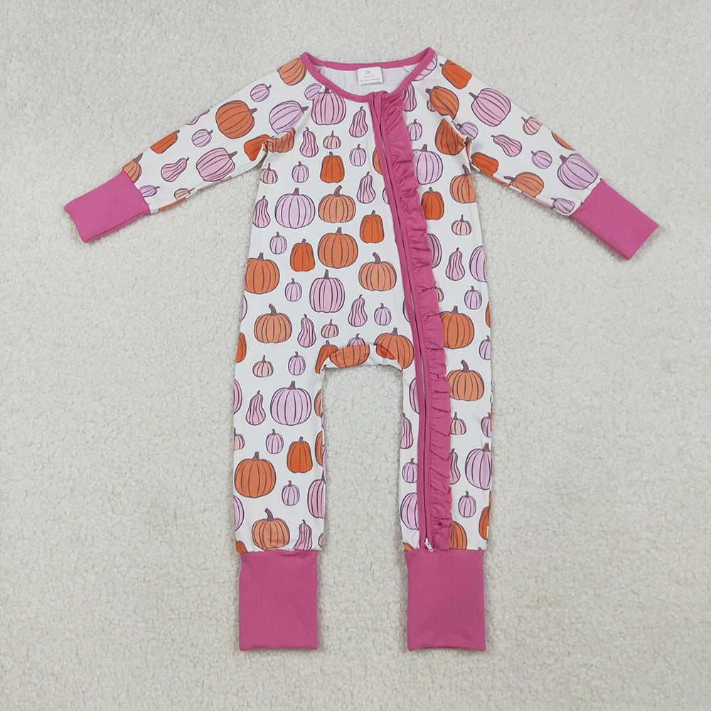 LR2566 Pumpkin Pink Print Baby Girls Fall Zipper Sleeper Romper