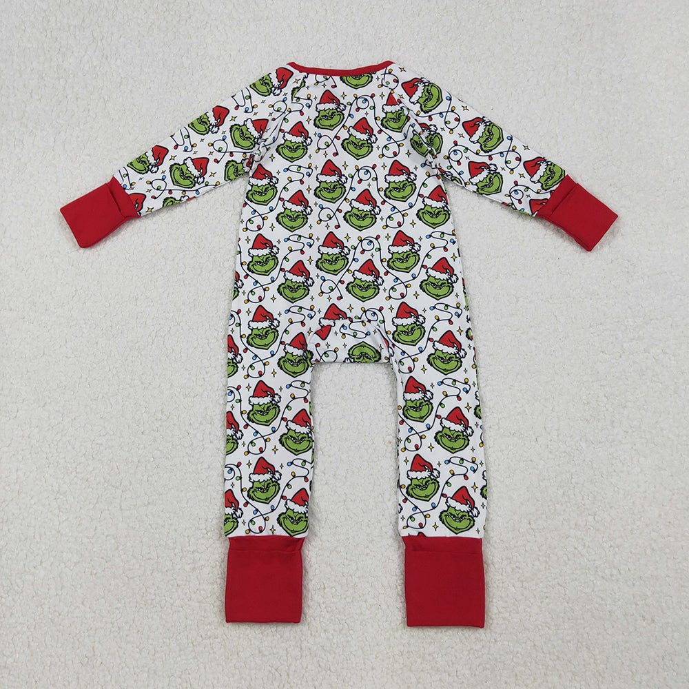 LR2574 Green Frog Smiling Lights Print Baby Christmas Zipper Sleeper Romper