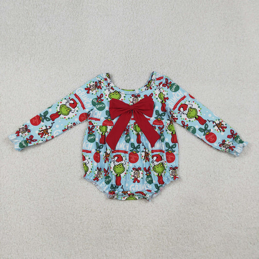 LR2575 Green Frog Blue Print Big Bow Baby Girls Christmas Romper