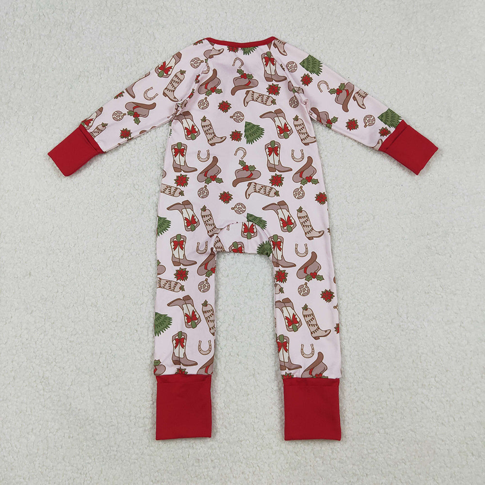LR2584 Boots Holly Print Baby Girls Christmas Zipper Sleeper Romper