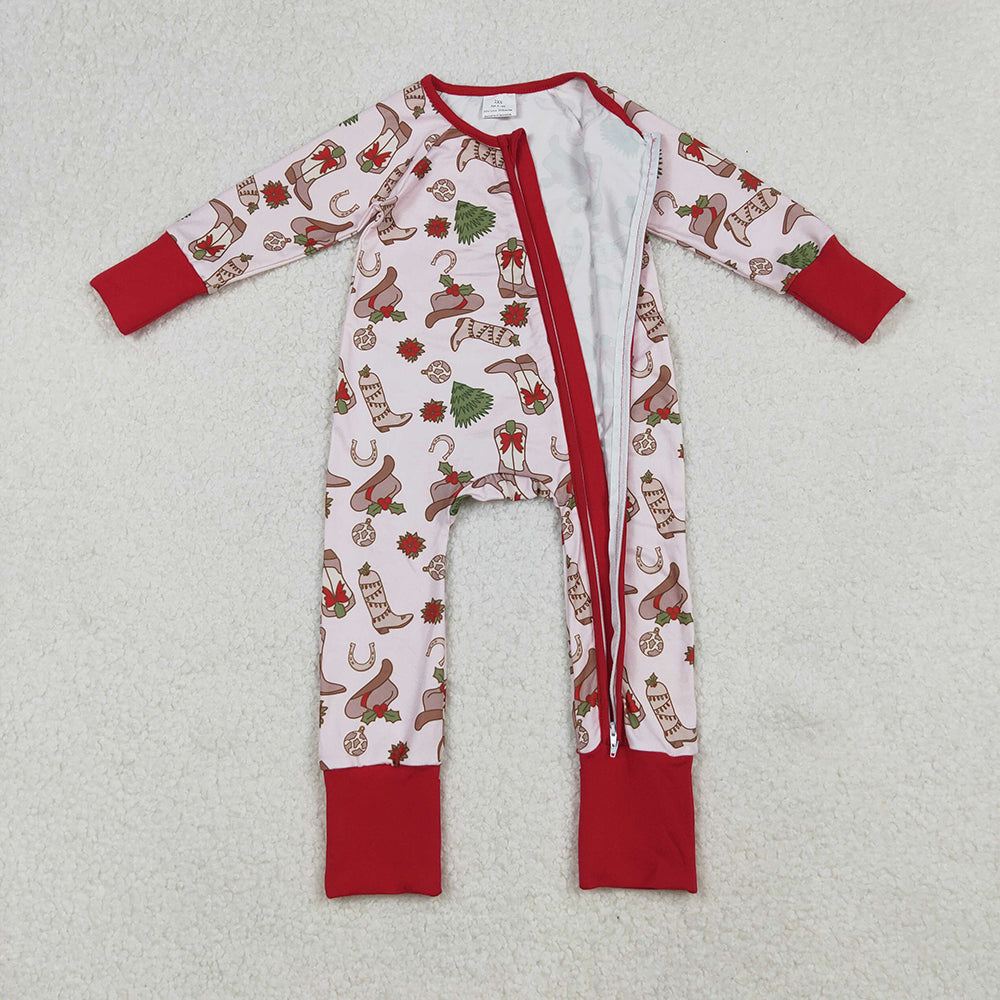 LR2584 Boots Holly Print Baby Girls Christmas Zipper Sleeper Romper