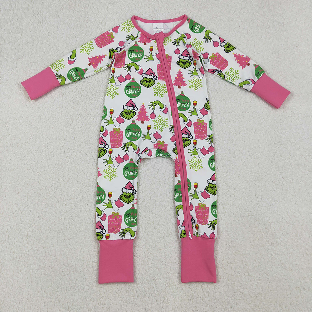 LR2588 Green Frog Smiling Pink Print Baby Girls Christmas Zipper Sleeper Romper